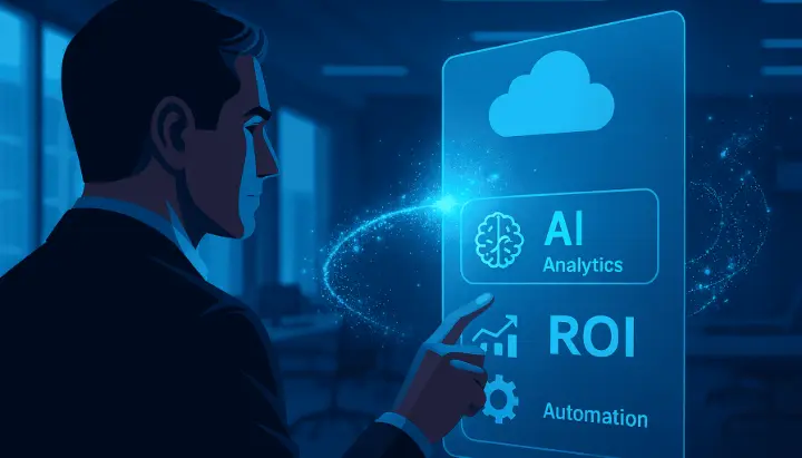 Gestor a interagir com painel holográfico que representa suporte Odoo