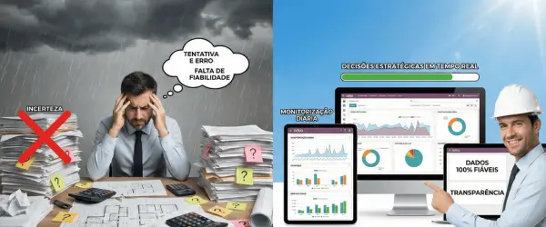 Infográfico comparativo antes e depois da implementação Odoo na addBuilding pela ThinkOpen. A esquerda mostra a gestão manual caótica e incerteza com papéis; a direita mostra a gestão digital proativa com dashboards Odoo, dados fiáveis e transparência em tempo real.